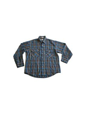 Vtg Sears Roebuck Flannel Shirt Men L Blue Plaid Wool Blend Single Needle Rugged